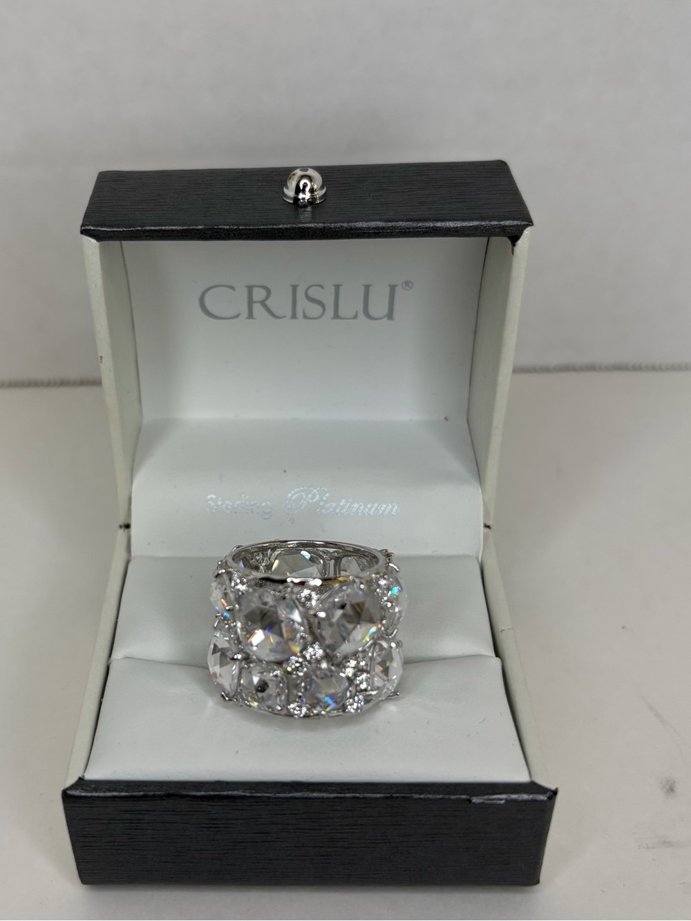 Crislu Silver-Tone Crystal Wide Statement Ring
